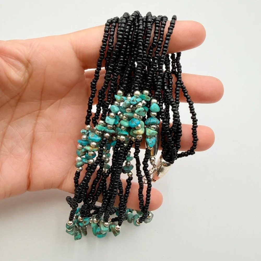 Vintage 90s Multi Strand Turquoise Black Glass Seed Bead Statement Necklace Boho